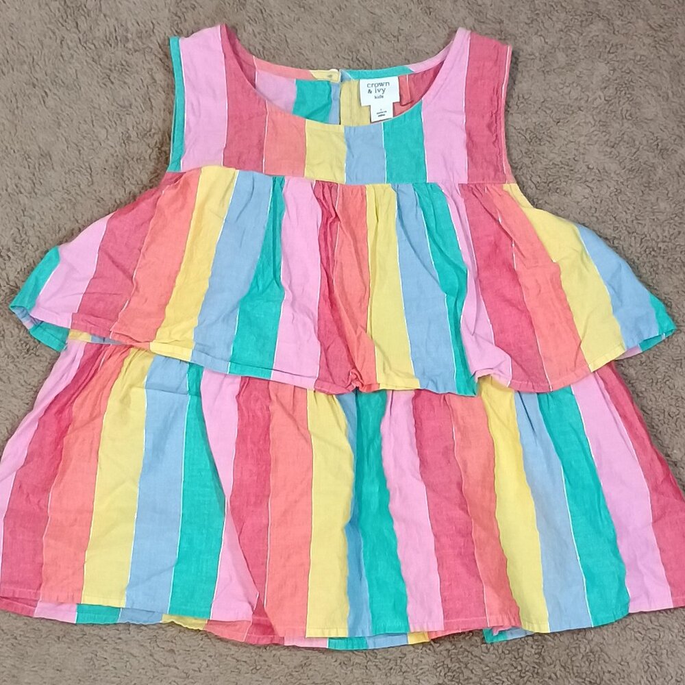 Crown & Ivy Tank Top Girls Large Pink Yellow Blue Green Candy Stripe Tiered Summ